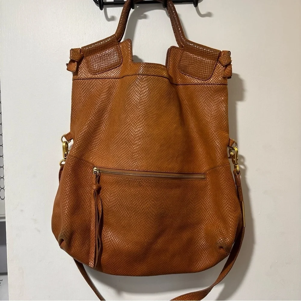FOLEY + CORINNA City Tote Handbag Croc Embossed Leather Mid Shoulder Bag Brown